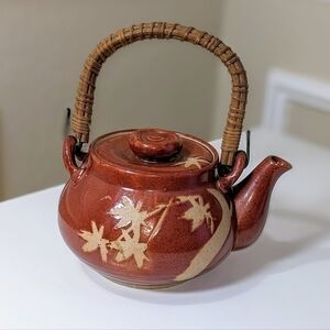 Vintage Handmade Ceramic Teapot with Rattan Handle w Floral Design